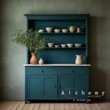 Teal hutch with pottery; text reads Lagoon Alchemy Paint by Fusion Mineral Paint.