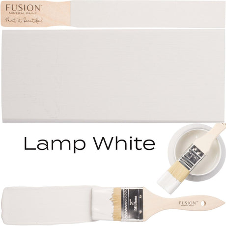 Paintbrush with color swatches displaying Lamp White by Fusion Mineral Paint, a cool neutral white shade.