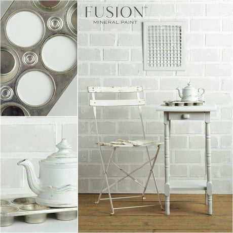 White chair and table painted in Lamp White Fusion Mineral Paint, with teapot and muffin tray nearby.