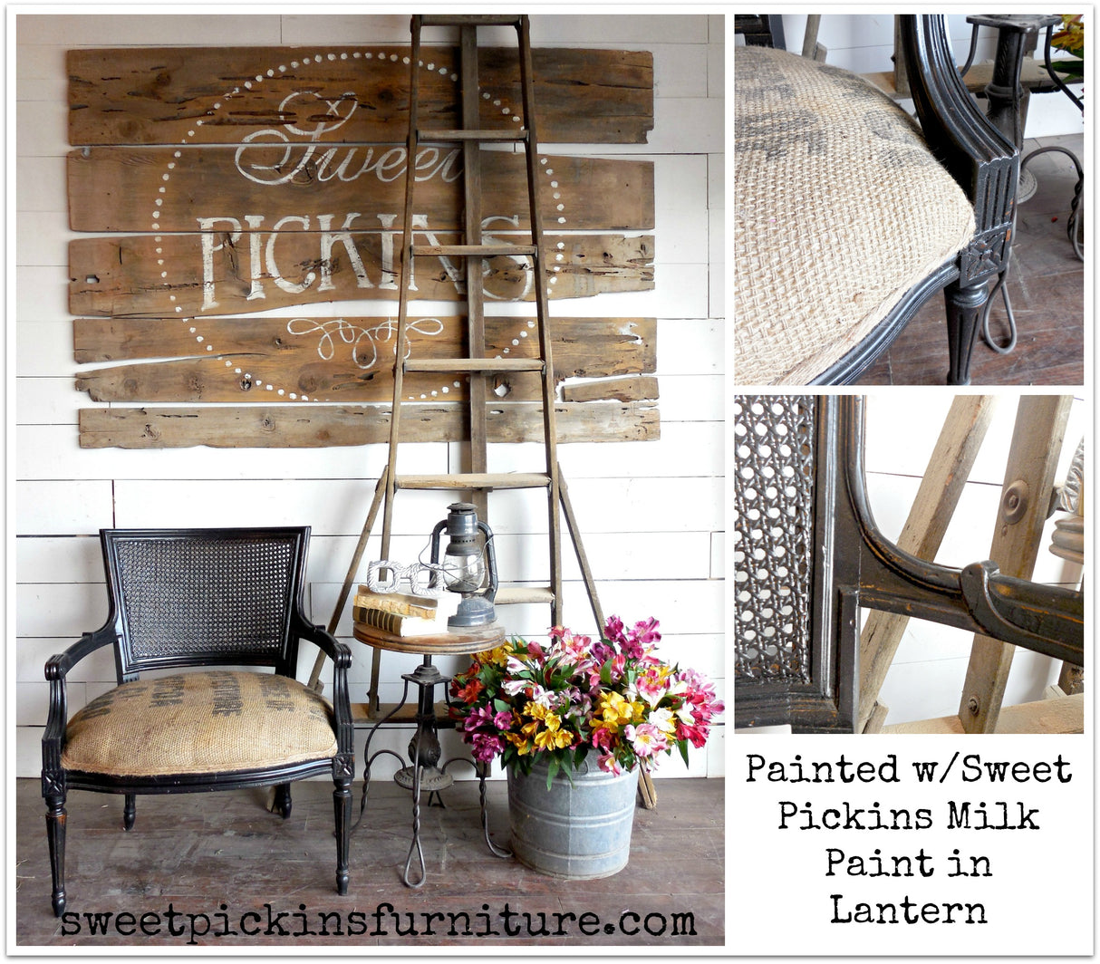 Black armchair, side table, wood sign, vintage ladder, and Sweet Pickins Milk Paint “Lantern” (VOC-free).
