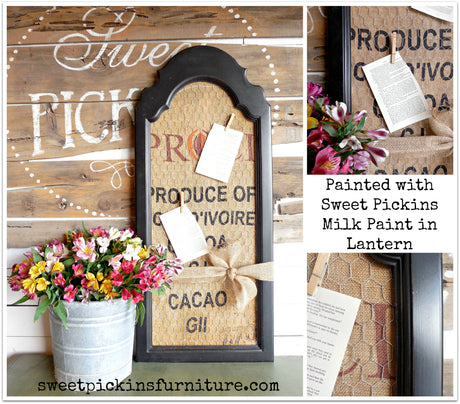 Lantern painted with VOC-free Sweet Pickins Milk Paint by Old Fashioned Milk Paint, displayed with flowers and rustic sign.