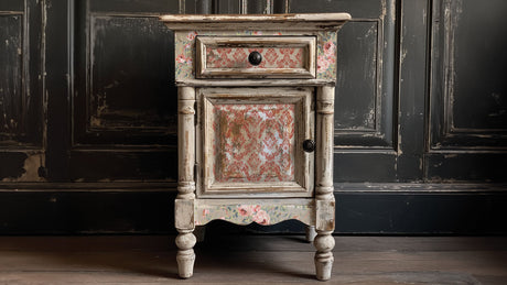 Distressed vintage nightstand with I.O.D. Lattice Rose Paint Inlay detailing.