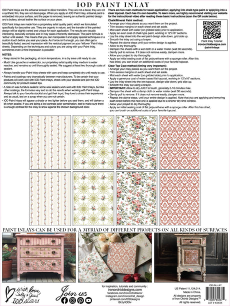 Lattice Rose Paint Inlay instruction sheet by I.O.D. with designs, tips, and cottage-core decor ideas.