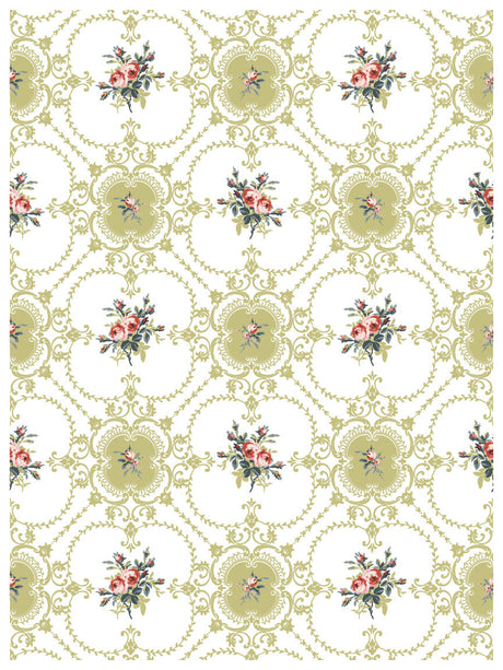 Lattice Rose Paint Inlay by IOD featuring ornate green ovals with pink and red flowers.
