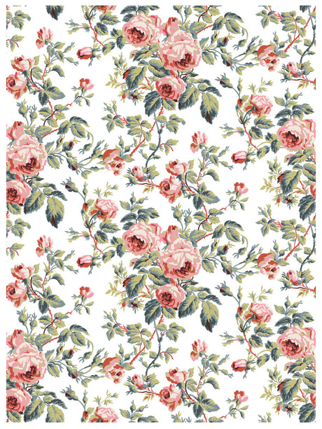 Lattice Rose Paint Inlay by I.O.D. featuring pink roses with green leaves in a vintage style on white.