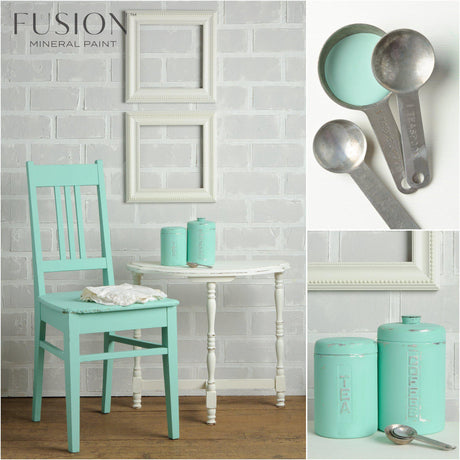 Chair and tins painted in Laurentien Fusion Mineral Paint by Fusion next to a white table.