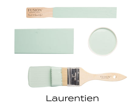 Laurentien Fusion Mineral Paint (Seasonal) samples, swatches, brush, and open can by Fusion Mineral Paint.