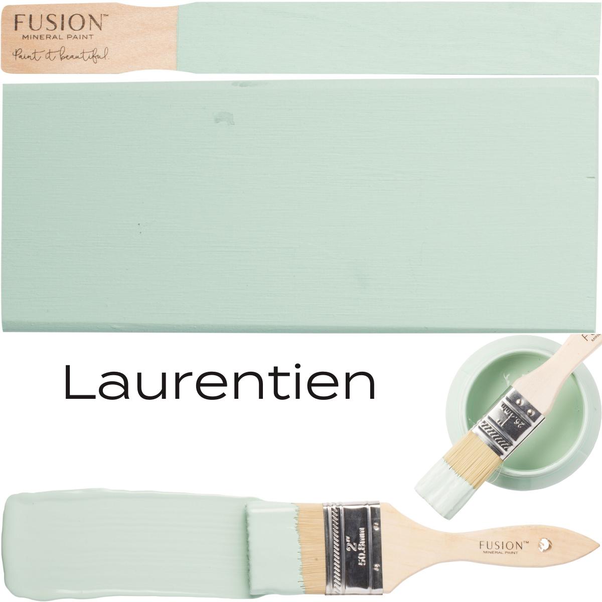 Mint green Laurentien Fusion Mineral Paint brush, swatch, and “Laurentien” in bold black text.