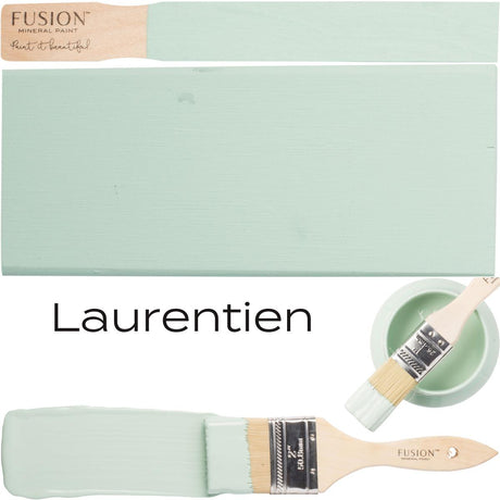 Mint green Laurentien Fusion Mineral Paint brush, swatch, and “Laurentien” in bold black text.