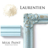 Homestead House Laurentien Milk Paint sample on molding, shown with powdered paint and a blue frame.