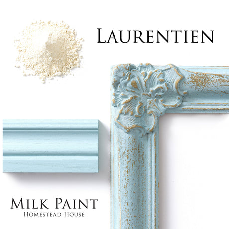 Homestead House Laurentien Milk Paint sample on molding, shown with powdered paint and a blue frame.