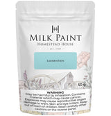 Homestead House Laurentien Milk Paint pouch with warnings for inhalation, cancer, and reproductive health risks.