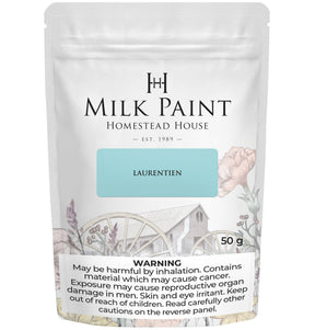 Homestead House Laurentien Milk Paint pouch with warnings for inhalation, cancer, and reproductive health risks.