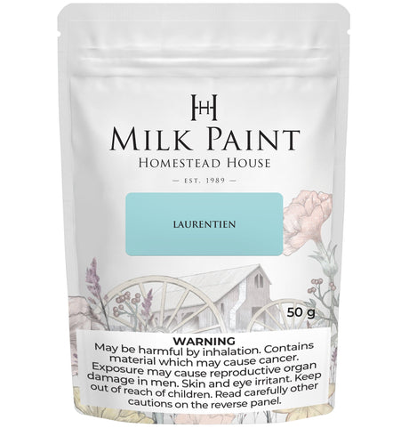 Homestead House Laurentien Milk Paint pouch with warnings for inhalation, cancer, and reproductive health risks.