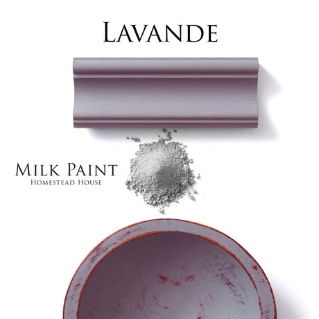 Mauve painted molding, powder pile, and Homestead House Lavande Milk Paint shown together.