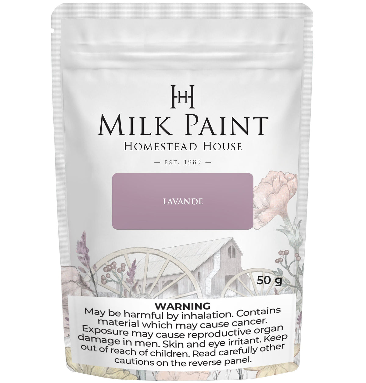 Homestead House Lavande Milk Paint 50g pouch with rustic mill art and health warning on label.