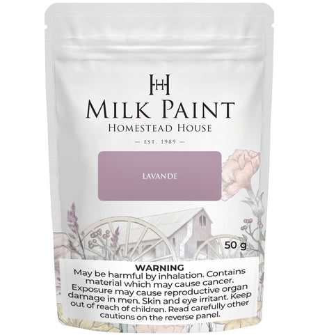 Homestead House Lavande Milk Paint 50g pouch with rustic mill art and health warning on label.