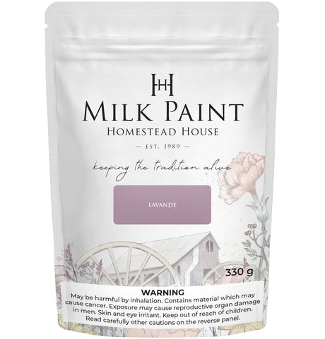 330g Lavande Milk Paint by Homestead House, white wagon graphic on label, safety warnings at bottom.