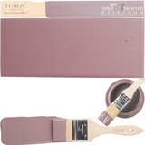 Paintbrush, painted sample, and open can of Lavender Haze Fusion Mineral Paint by Fusion Mineral Paint displayed together.