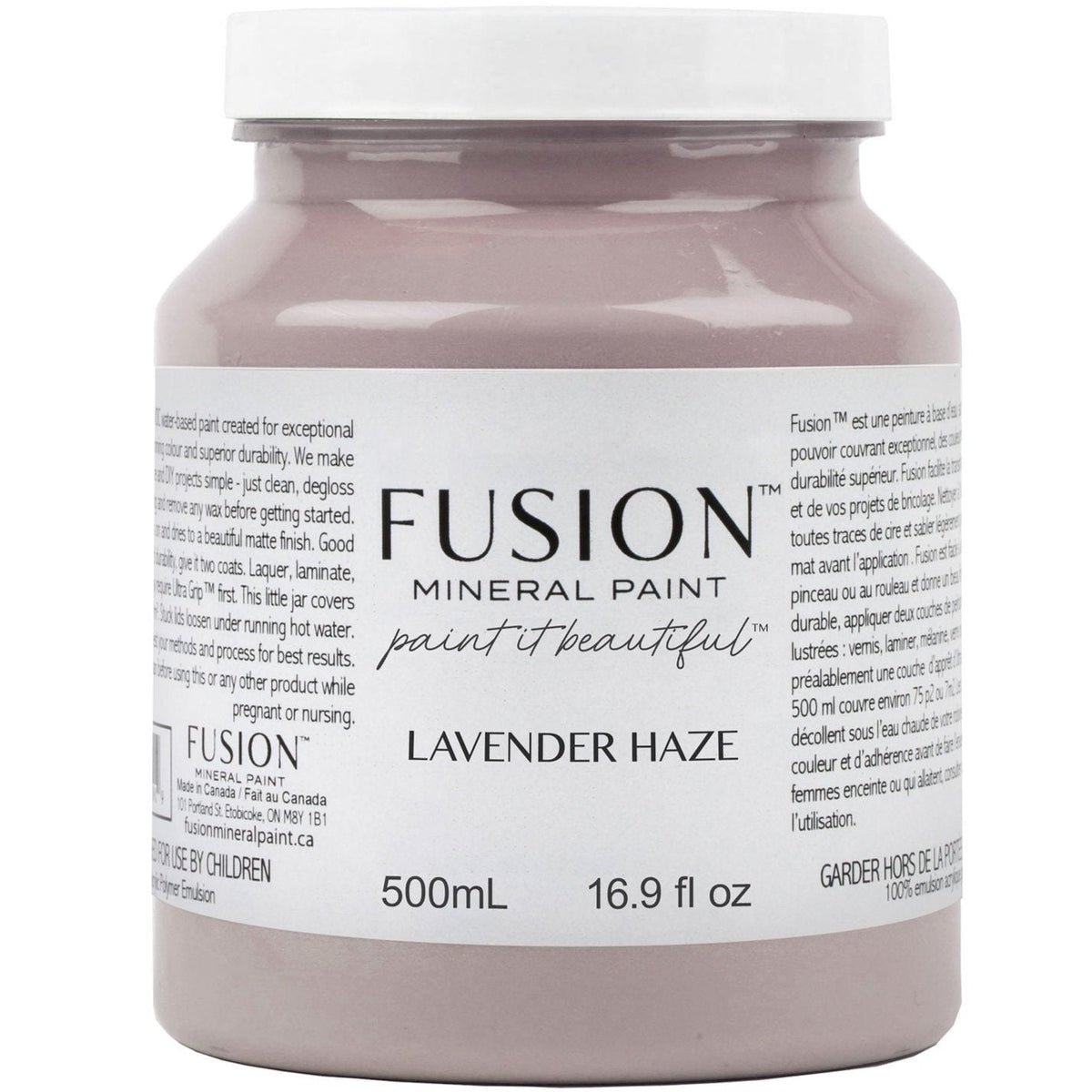 Fusion Mineral Paint 500mL jar in Lavender Haze with front and side labels visible.