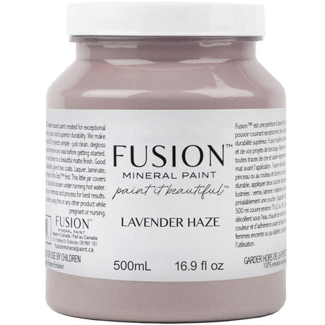 Fusion Mineral Paint 500mL jar in Lavender Haze with front and side labels visible.