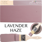 Fusion Mineral Paint Lavender Haze can, purple paintbrush, and paint swatch.