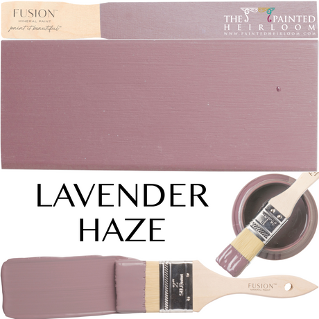 Fusion Mineral Paint Lavender Haze can, purple paintbrush, and paint swatch.