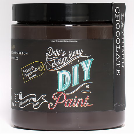 Black jar of DIY Paint Co. Layered Chocolate, clay & chalk-based eco-friendly paint with black lid.