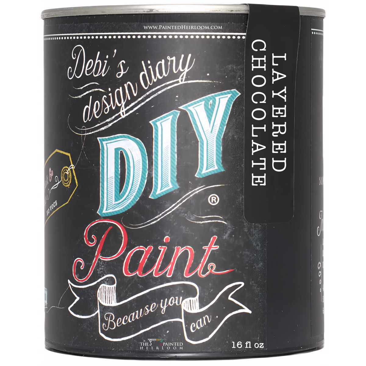 16 fl oz Layered Chocolate DIY Paint by DIY Paint Co., eco-friendly clay and chalk base, chalkboard label on jar.