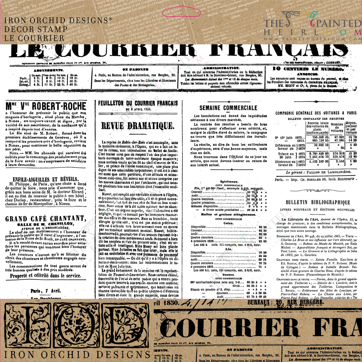 Vintage French newspaper page with I.O.D. Le Courrier stamp designs overlaying articles and tables on brown background.