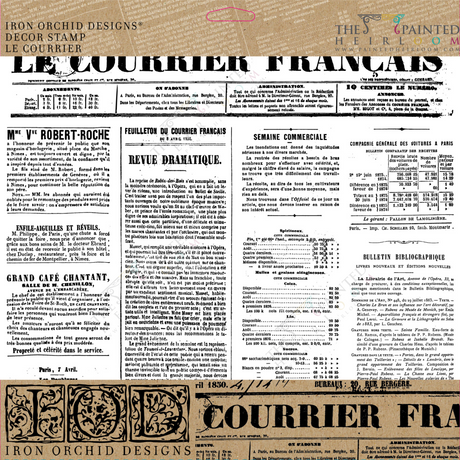 Vintage French newspaper page with I.O.D. Le Courrier stamp designs overlaying articles and tables on brown background.