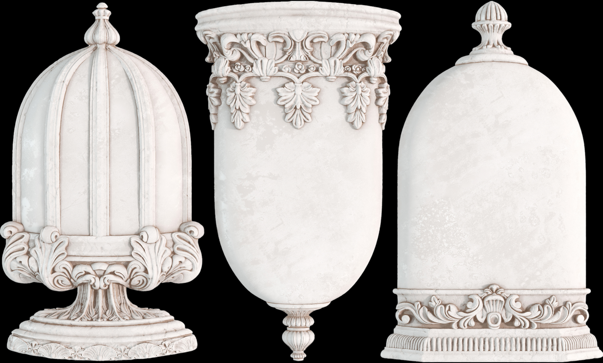 Three white finials with scroll designs made using the I.O.D. Les Cloches Mould by Iron Orchid Designs.
