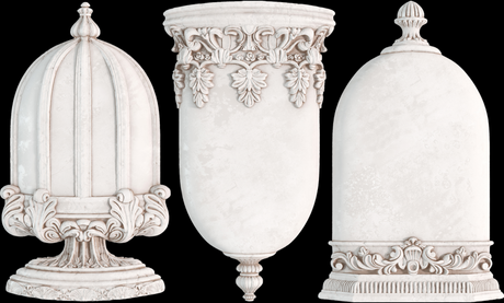 Three white finials with scroll designs made using the I.O.D. Les Cloches Mould by Iron Orchid Designs.