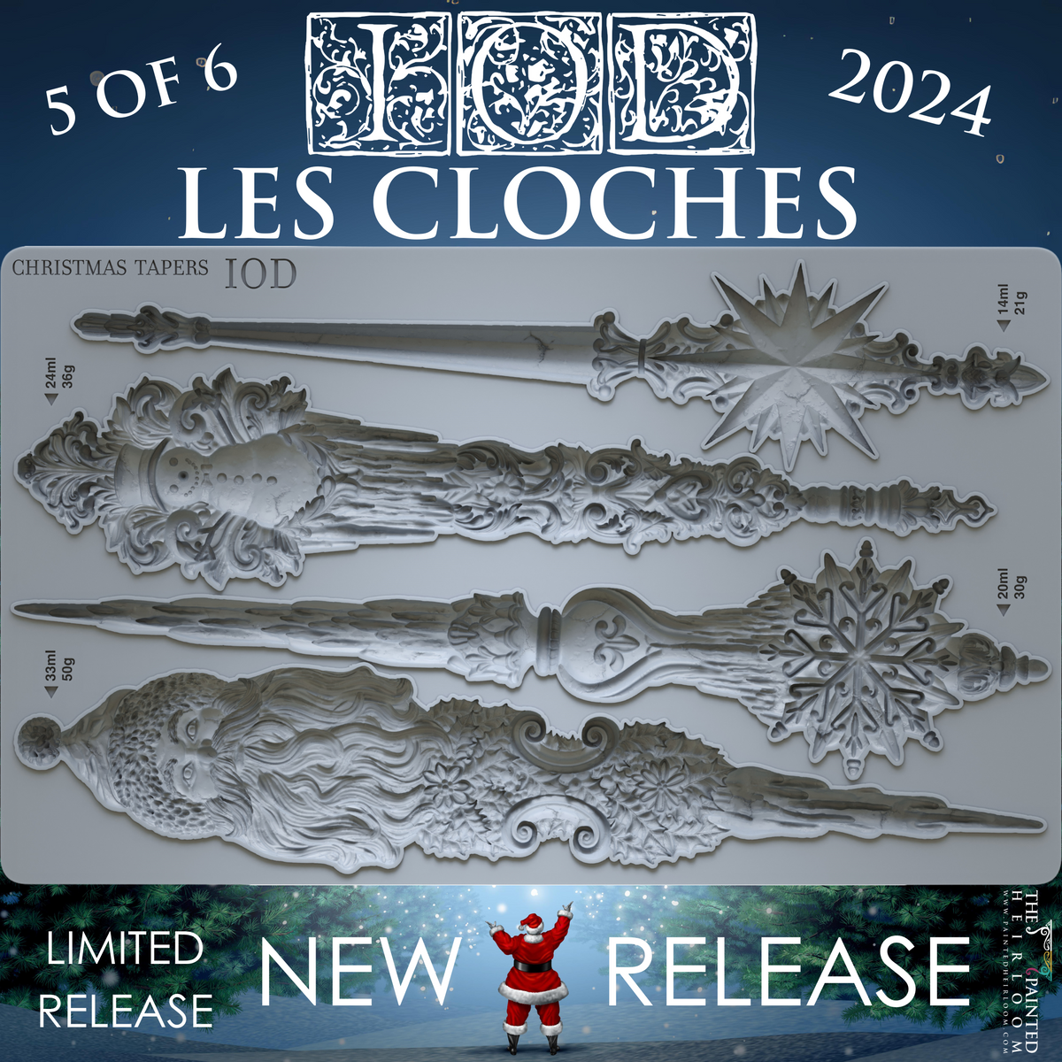 Five ornate silvery holiday tapers with Les Cloches Mould by I.O.D., limited 2024 release.
