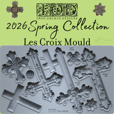 Les Croix Mould by IOD: gray silicone mould with ornate cross shapes, labeled cavity sizes.