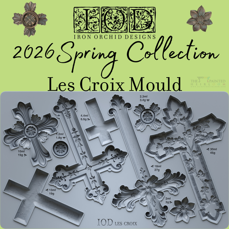 Les Croix Mould by IOD: gray silicone mould with ornate cross shapes, labeled cavity sizes.