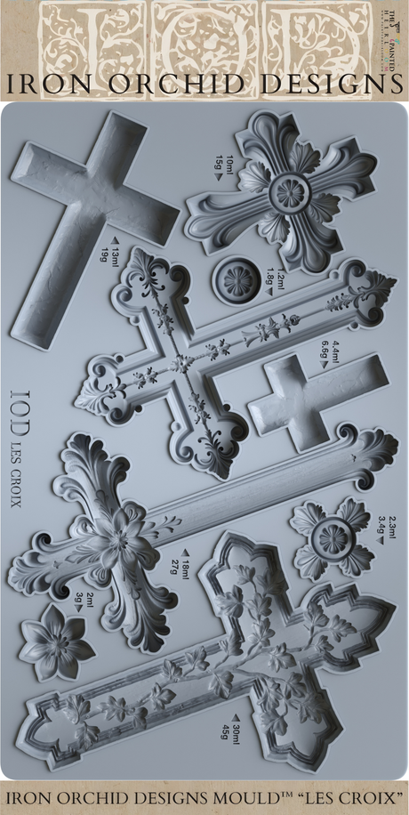 Les Croix Mould by IOD with ornate cross and floral designs in assorted sizes.