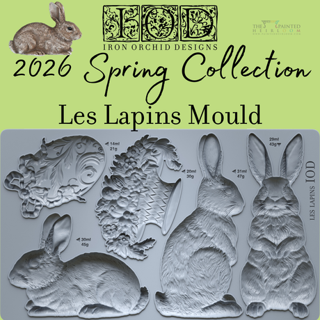 Les Lapins Mould by IOD with rabbit, carrot, and floral designs plus measurements; 2026 Spring Collection.