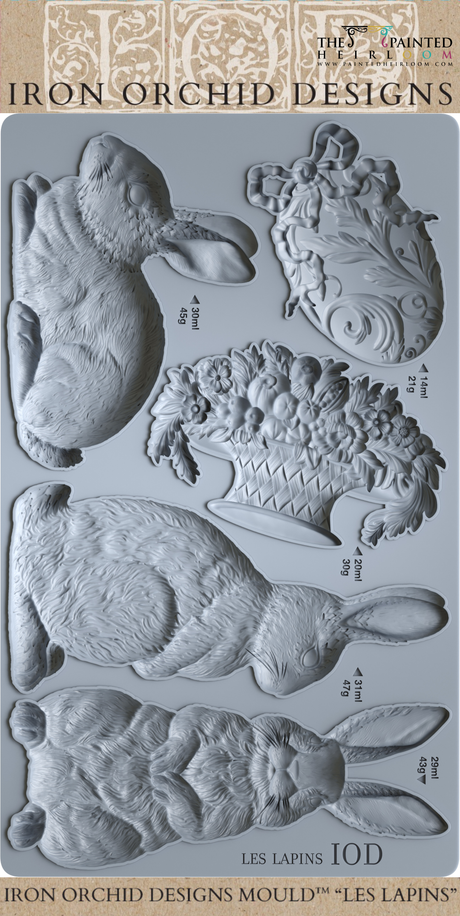 Les Lapins Mould by IOD, gray silicone with three rabbits, bouquet, and ornate detailing. Brand: I.O.D.