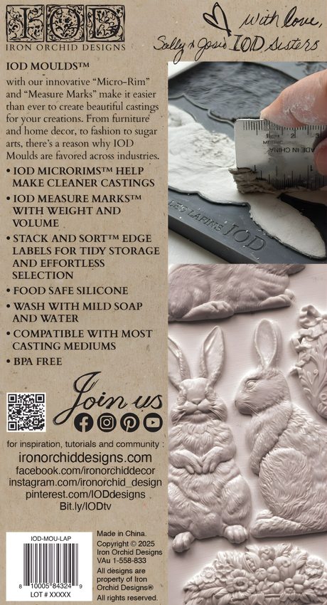 Hand holding Les Lapins Mould by IOD, with text and I.O.D. social icons below the vintage-style display.
