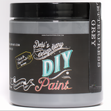 DIY Paint Co. Letterpress Grey DIY Paint jar with colorful label and black lid.