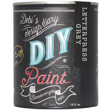 16 fl oz can of Letterpress Grey DIY Paint by DIY Paint Co. with white and teal lettering.
