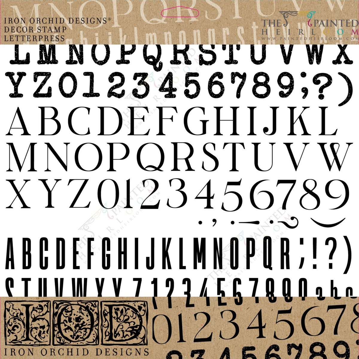 Four Letterpress Stamps by I.O.D. arranged on a beige and white background.