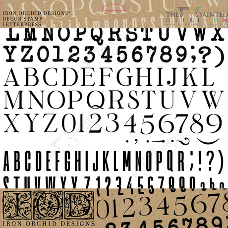 Four Letterpress Stamps by I.O.D. arranged on a beige and white background.