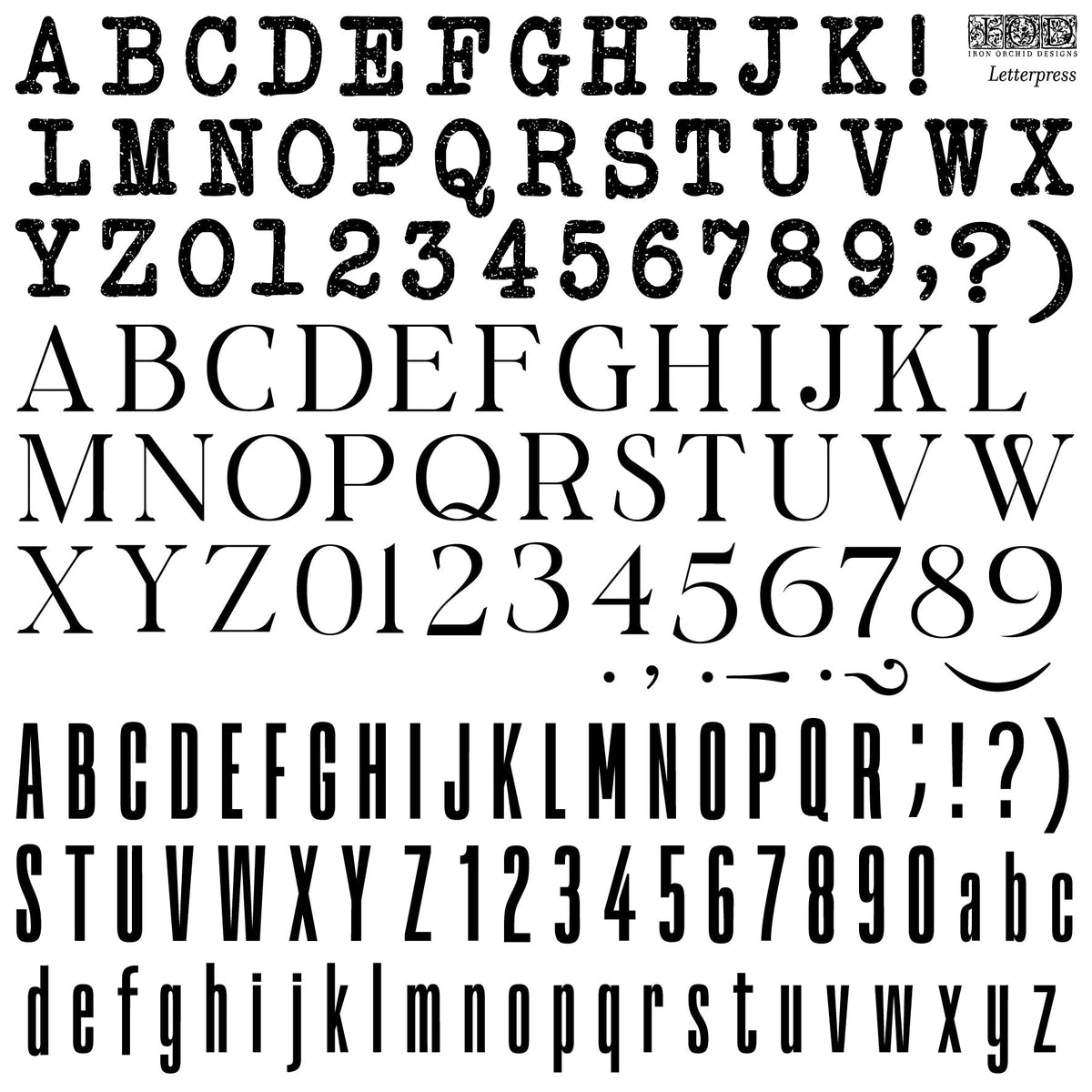 Set of 4 black serif and sans-serif fonts, compatible with Letterpress Stamp by IOD from Iron Orchid Designs.