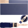Paintbrush, blue swatch, and open jar of Liberty Blue Fusion Mineral Paint by Fusion Mineral Paint.