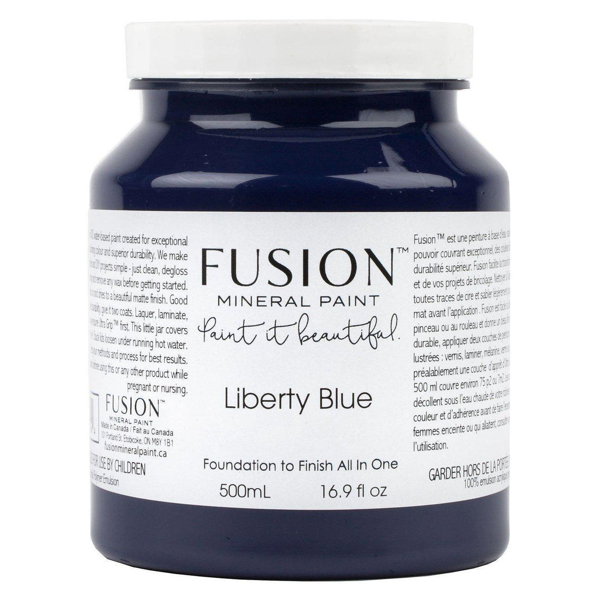 Fusion Mineral Paint 500mL jar, Liberty Blue shade, with label details visible.