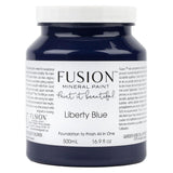 Fusion Mineral Paint 500mL jar, Liberty Blue shade, with label details visible.