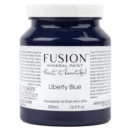 Fusion Mineral Paint 500mL jar, Liberty Blue shade, with label details visible.