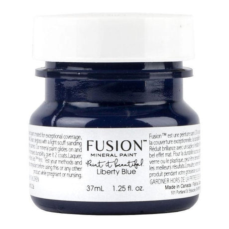 37ml Liberty Blue Fusion Mineral Paint jar with white label, black lid, and visible instructions.